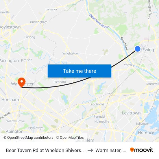 Bear Tavern Rd at Wheldon Shivers Dr to Warminster, PA map