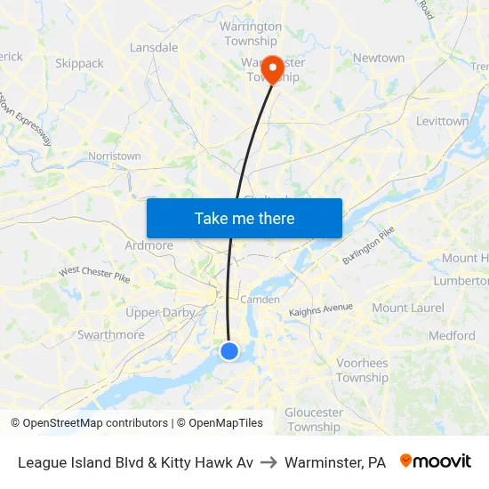 League Island Blvd & Kitty Hawk Av to Warminster, PA map