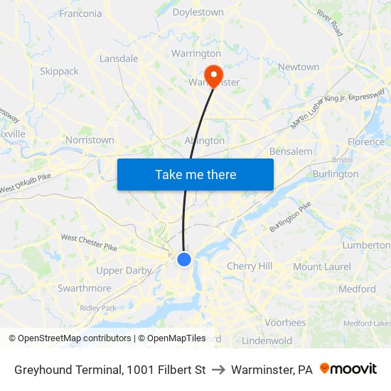 Greyhound Terminal, 1001 Filbert St to Warminster, PA map