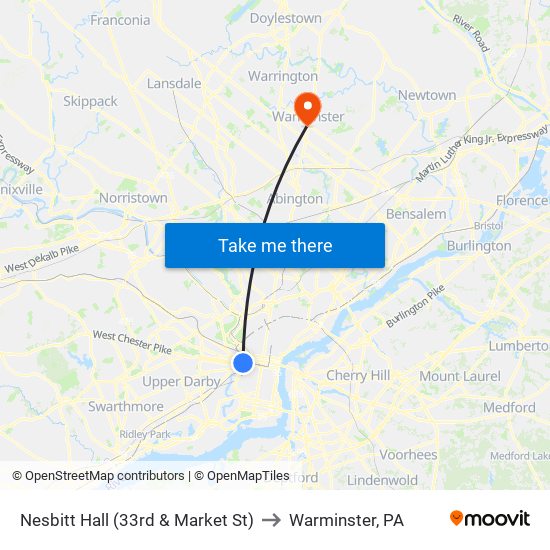 Nesbitt Hall (33rd & Market St) to Warminster, PA map