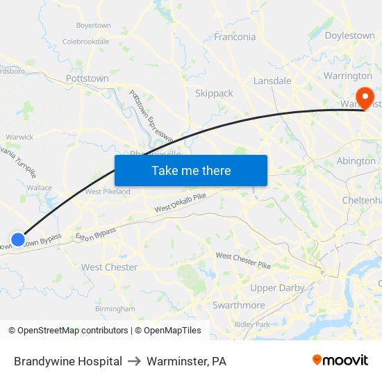 Brandywine Hospital to Warminster, PA map