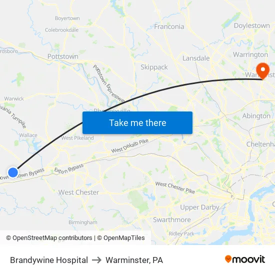 Brandywine Hospital to Warminster, PA map