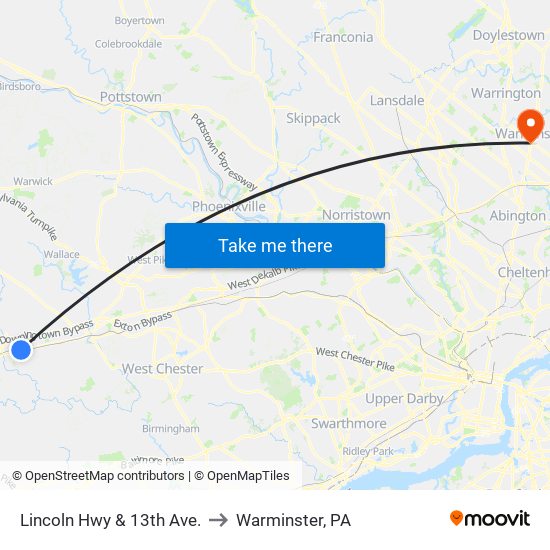 Lincoln Hwy & 13th Ave. to Warminster, PA map