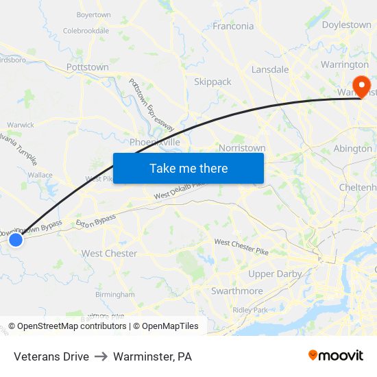 Veterans Drive to Warminster, PA map