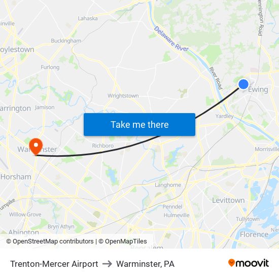 Trenton-Mercer Airport to Warminster, PA map