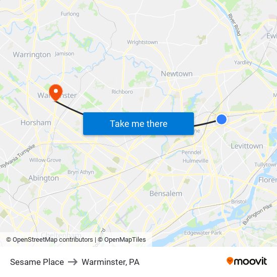 Sesame Place to Warminster, PA map