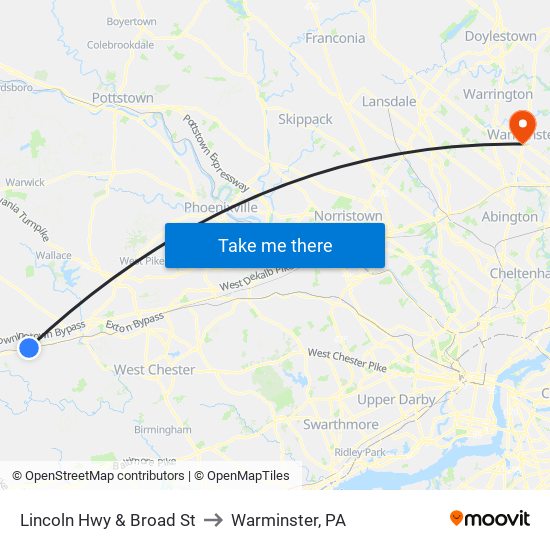 Lincoln Hwy & Broad St to Warminster, PA map