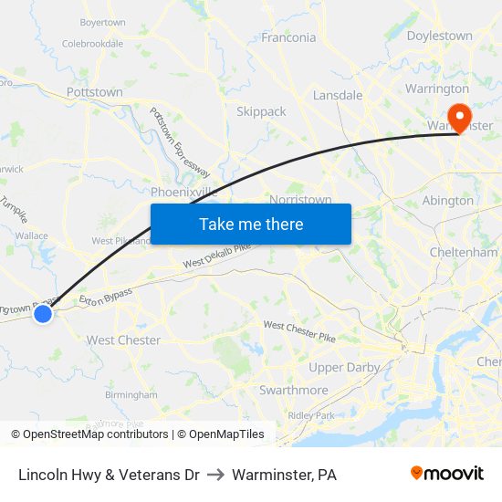 Lincoln Hwy & Veterans Dr to Warminster, PA map