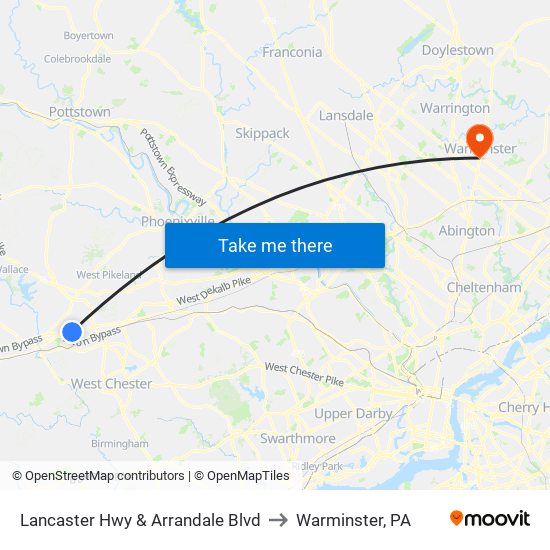 Lancaster Hwy & Arrandale Blvd to Warminster, PA map