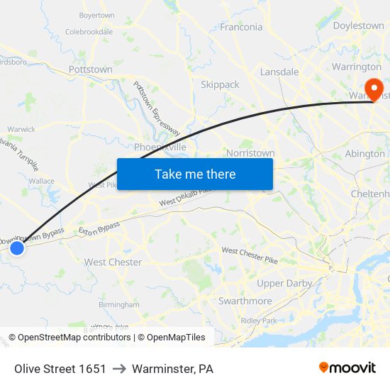 Olive Street 1651 to Warminster, PA map