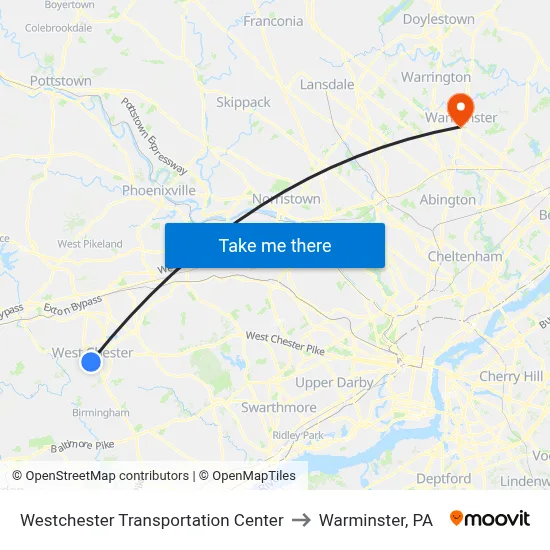 Westchester Transportation Center to Warminster, PA map