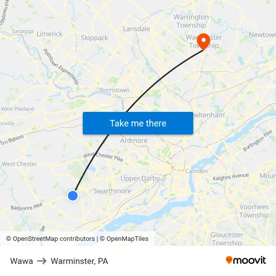 Wawa to Warminster, PA map