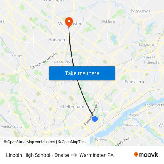 Lincoln High School - Onsite to Warminster, PA map