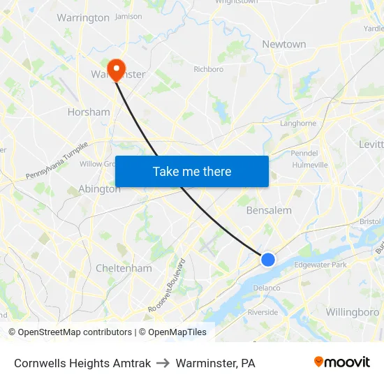 Cornwells Heights Amtrak to Warminster, PA map