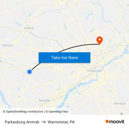 Parkesburg Amtrak to Warminster, PA map