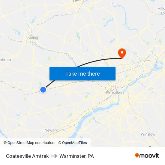 Coatesville Amtrak to Warminster, PA map