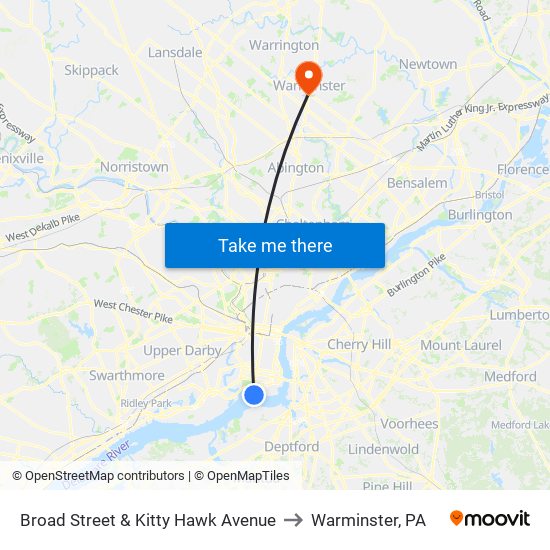 Broad Street & Kitty Hawk Avenue to Warminster, PA map