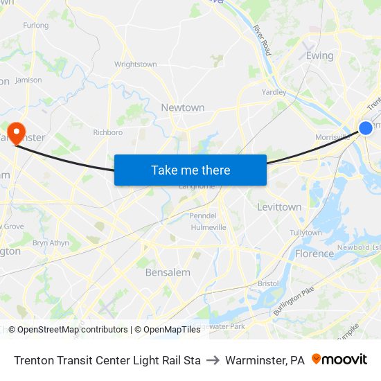 Trenton Transit Center Light Rail Sta to Warminster, PA map