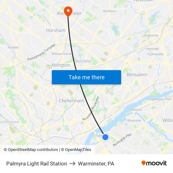 Palmyra Light Rail Station to Warminster, PA map