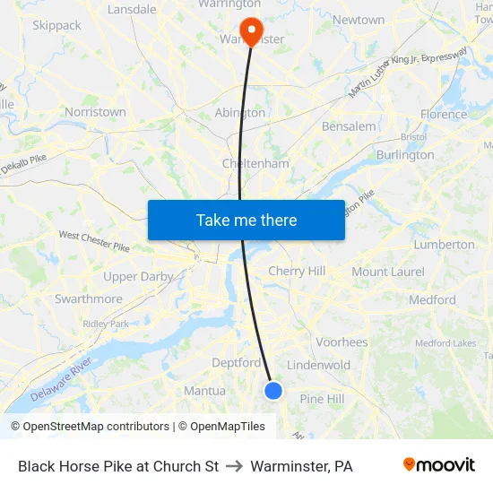 Black Horse Pike at Church St to Warminster, PA map