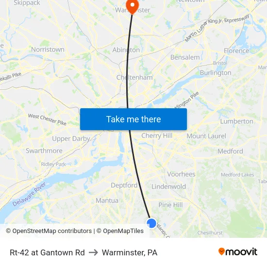 Rt-42 at Gantown Rd to Warminster, PA map