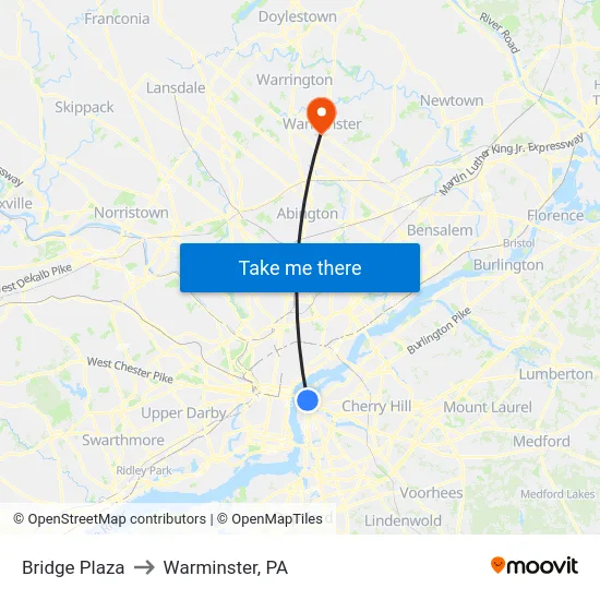 Bridge Plaza to Warminster, PA map