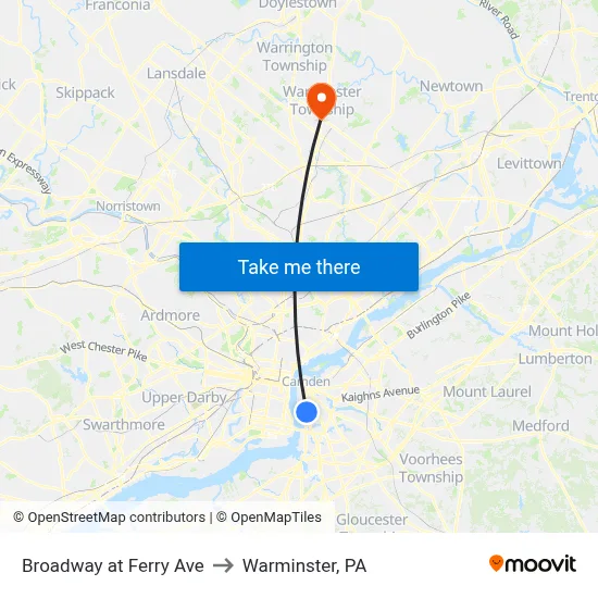 Broadway at Ferry Ave to Warminster, PA map