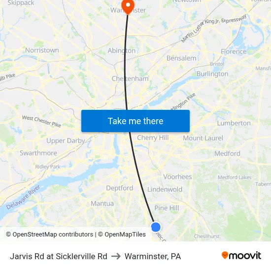 Jarvis Rd at Sicklerville Rd to Warminster, PA map
