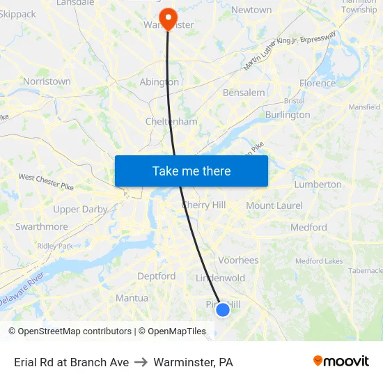 Erial Rd at Branch Ave to Warminster, PA map