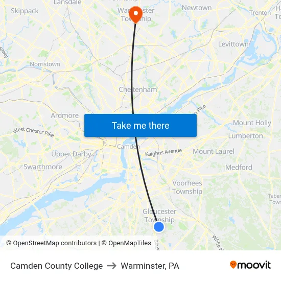 Camden County College to Warminster, PA map