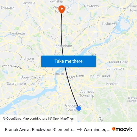 Branch Ave at Blackwood-Clementon Rd to Warminster, PA map