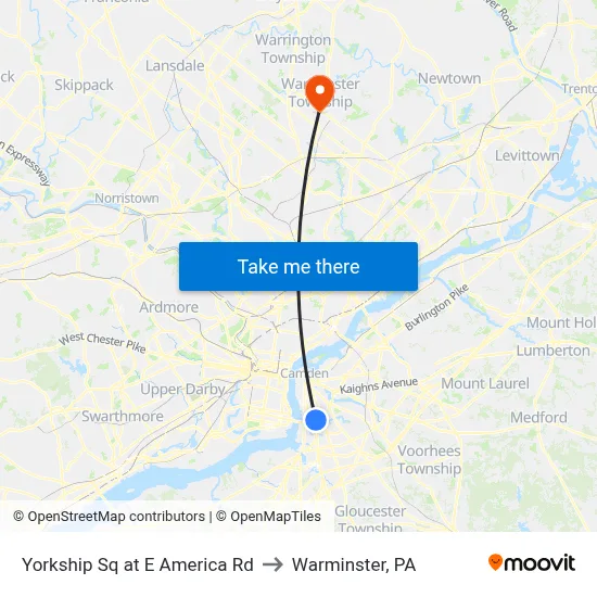 Yorkship Sq at E America Rd to Warminster, PA map