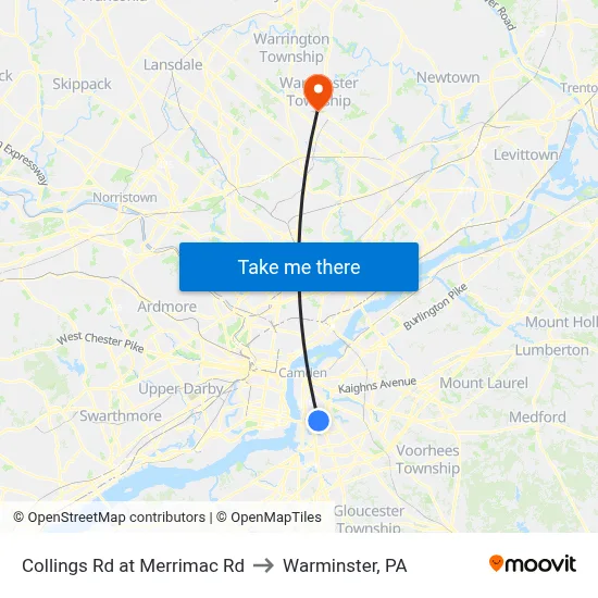 Collings Rd at Merrimac Rd to Warminster, PA map
