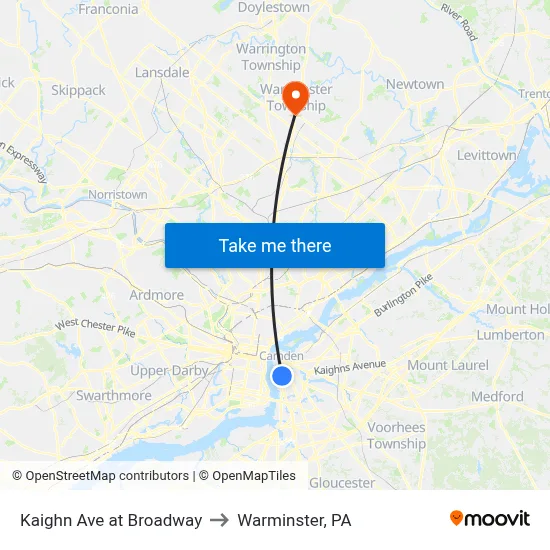 Kaighn Ave at Broadway to Warminster, PA map