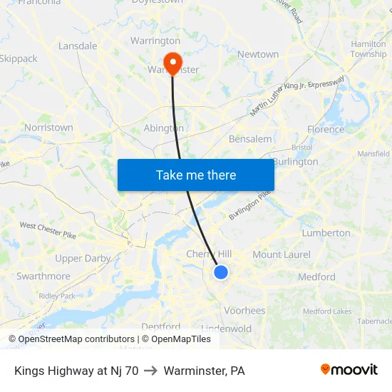 Kings Highway at Nj 70 to Warminster, PA map