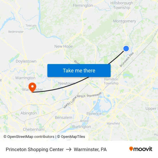 Princeton Shopping Center to Warminster, PA map