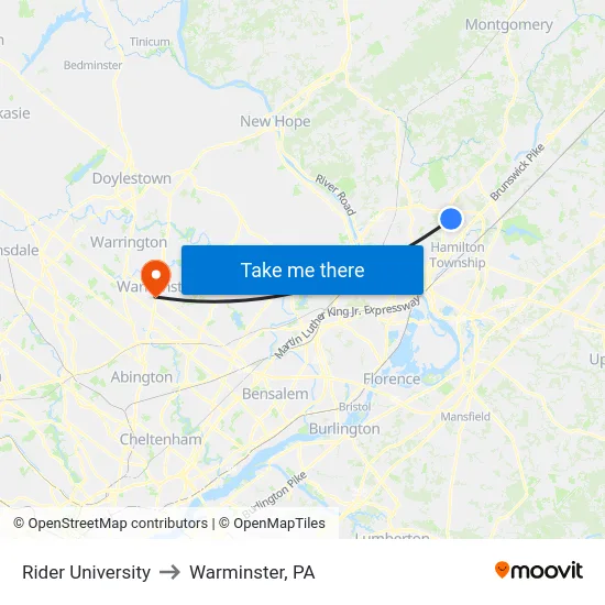 Rider University to Warminster, PA map