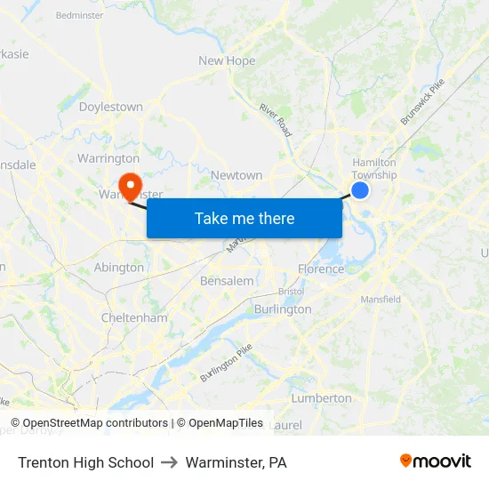 Trenton High School to Warminster, PA map