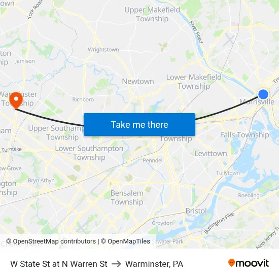 W State St at N Warren St to Warminster, PA map