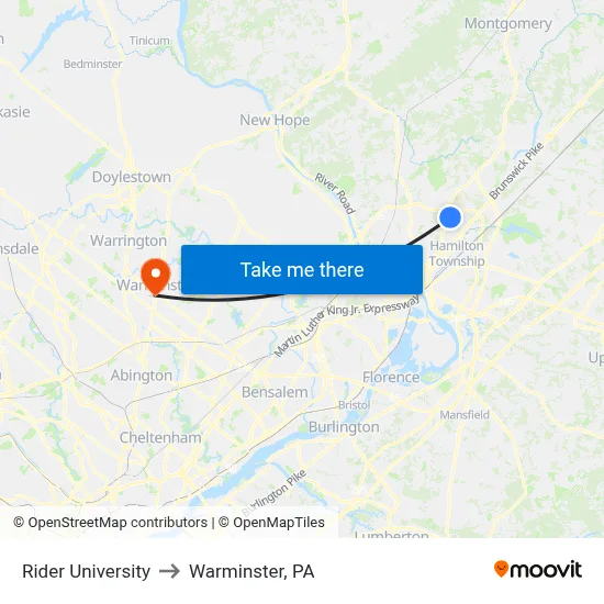 Rider University to Warminster, PA map