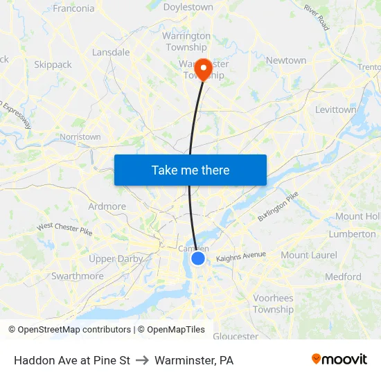 Haddon Ave at Pine St to Warminster, PA map
