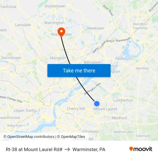 Rt-38 at Mount Laurel Rd# to Warminster, PA map