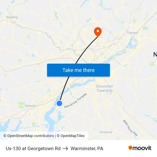Us-130 at Georgetown Rd to Warminster, PA map