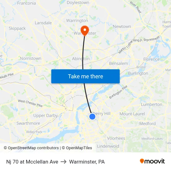 Nj 70 at Mcclellan Ave to Warminster, PA map