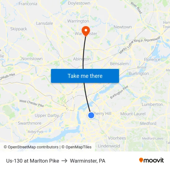 Us-130 at Marlton Pike to Warminster, PA map