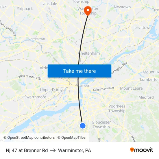 Nj 47 at Brenner Rd to Warminster, PA map