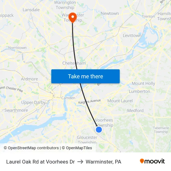Laurel Oak Rd at Voorhees Dr to Warminster, PA map