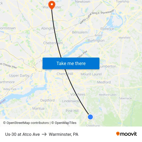 Us-30 at Atco Ave to Warminster, PA map