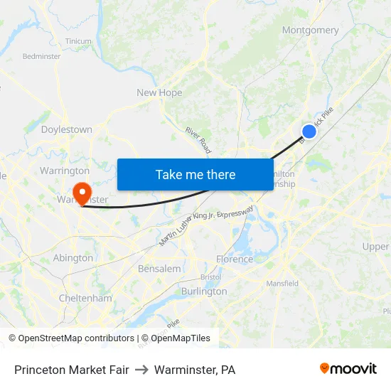 Princeton Market Fair to Warminster, PA map