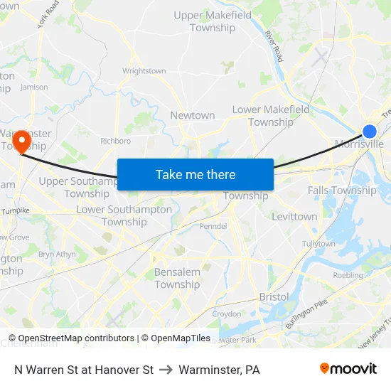 N Warren St at Hanover St to Warminster, PA map
